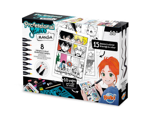 Caixa do kit criativo Buki Professional Studio Manga, mostrando marcadores, livro de desenhos e uma personagem a colorir. Idade recomendada 10+.