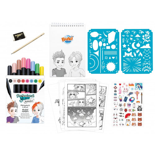 Conteúdo completo do kit Buki Professional Studio Manga: 8 marcadores de álcool, livro, stencils, autocolantes, lápis e borracha, dispostos sobre fundo branco.