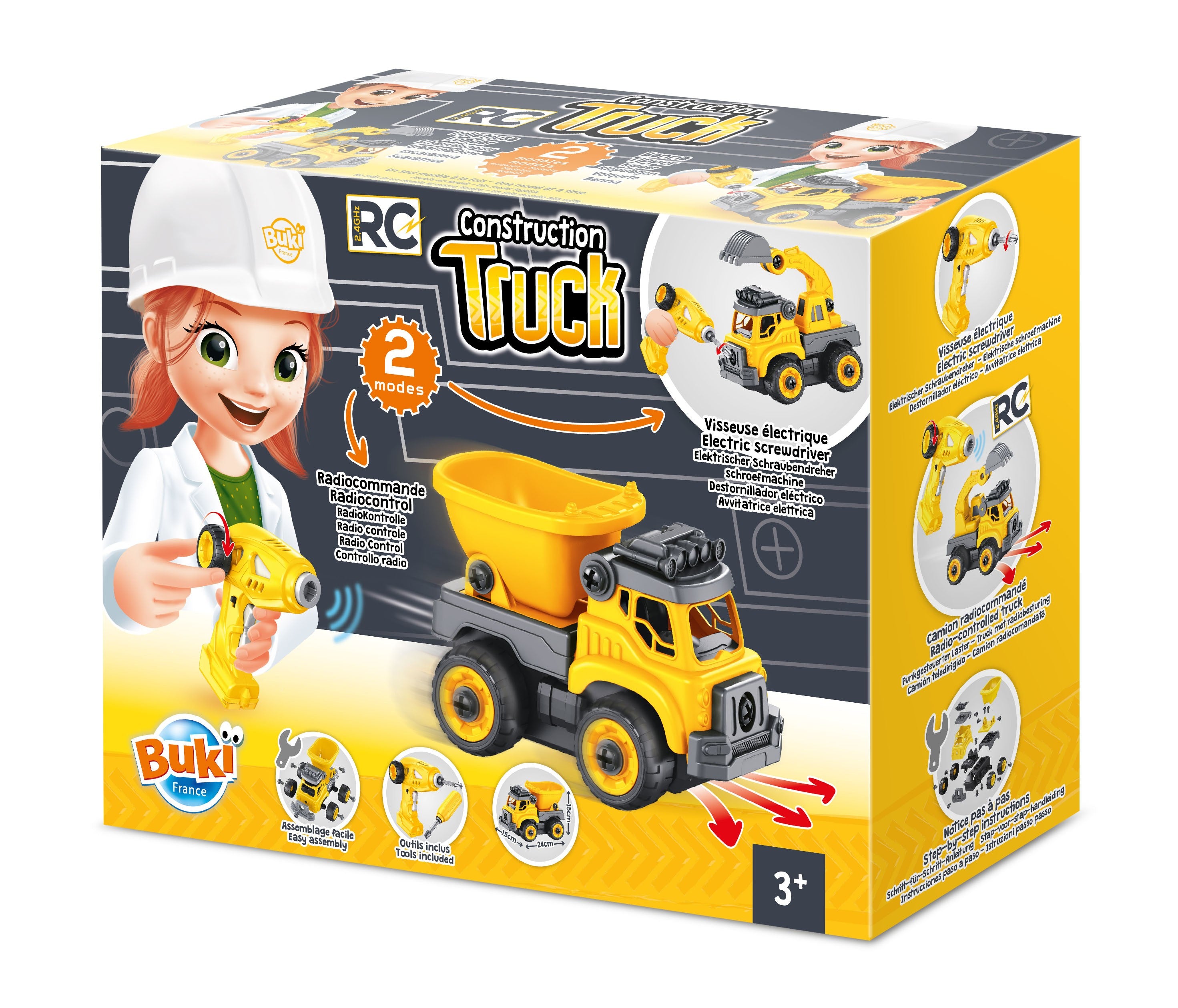 Caixa do brinquedo Buki RC Construction Truck, mostrando uma menina a usar a chave de fendas elétrica e o camião amarelo e cinzento com a inscrição "2 modes" e "3+".