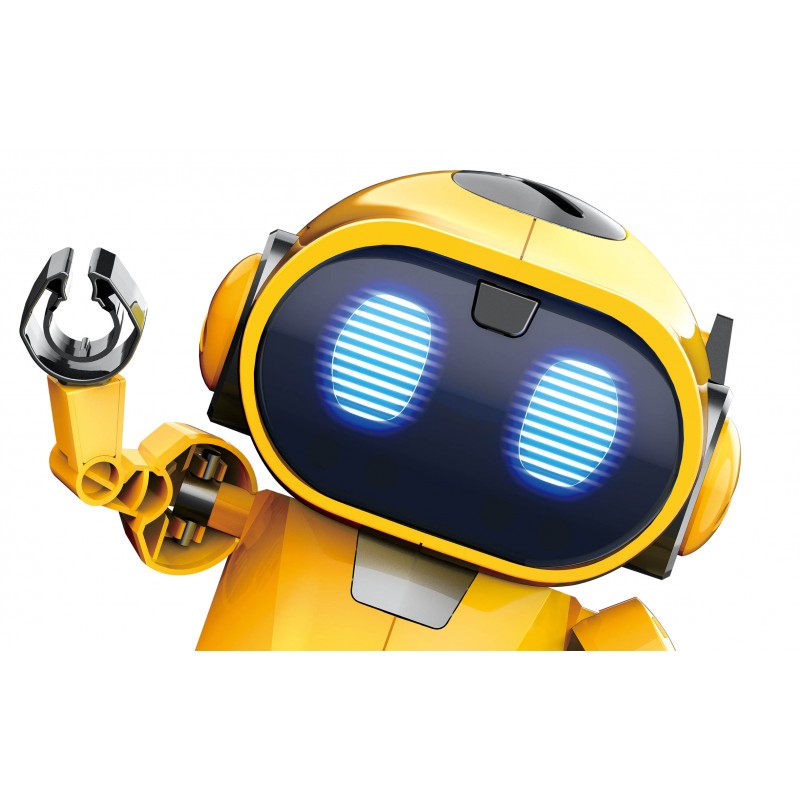Close-up do rosto do Robot Tibo amarelo da Buki, destacando os olhos LED azuis e a pinça articulada no braço direito.