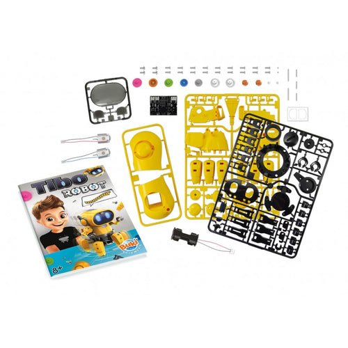 Componentes do kit Buki Robot Tibo, incluindo peças de plástico amarelas, placa de circuito, motores, parafusos e manual de instruções.