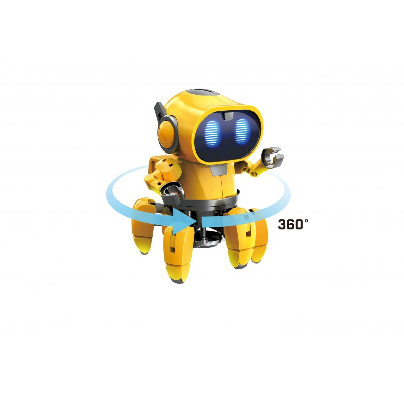 Robot Tibo da Buki, amarelo, com luzes azuis nos olhos, demonstrando rotação de 360 graus para o modo explorador.
