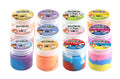 Exposição de doze boiões individuais de Slime Sensorial Buki, mostrando as diferentes cores e texturas como Cotton, Metálico e Três Cores.
