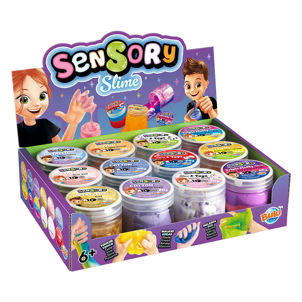 Caixa de exposição com os 12 boiões de slime sensorial Buki, ideal para venda a retalho, mostrando a variedade de cores e texturas.