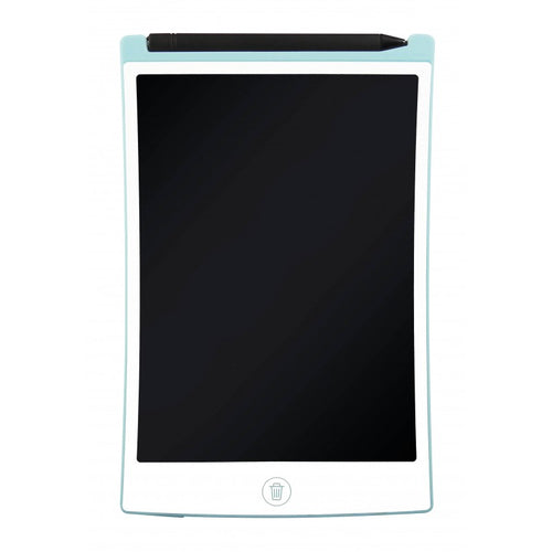 Tablet de desenho Buki com ecrã LCD preto, moldura azul clara e caneta pousada no topo, pronto para ser utilizado.