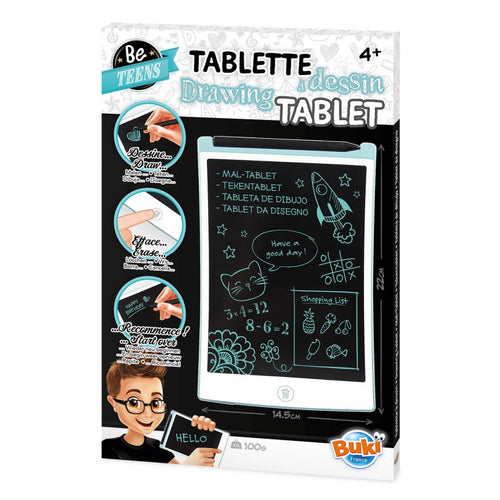 Embalagem do Tablet de Desenho Buki, exibindo o produto, dimensões (14.5x22cm), peso (100g) e exemplos de uso infantil.