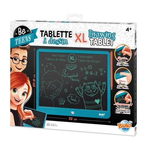 Tablet de desenho Buki XL (32cm) em uso, mostrando um desenho colorido feito com a caneta stylus no ecrã LCD.