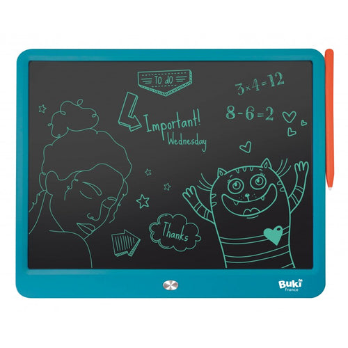 Vista da parte traseira do tablet de desenho Buki, destacando o botão de bloqueio do ecrã para preservar os desenhos.