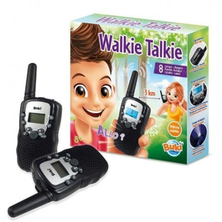 Par de walkie talkies Buki azuis e laranjas em destaque, mostrando o design robusto e as antenas.