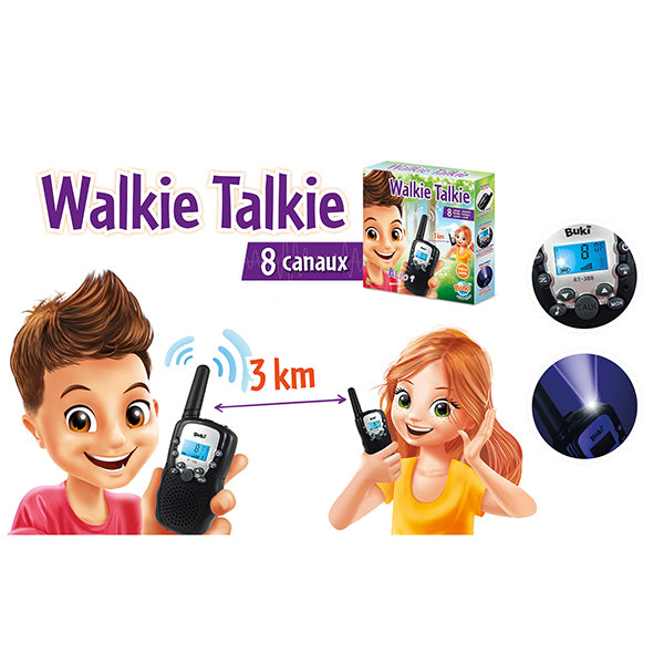 Walkie talkie Buki com a lanterna LED acesa, ideal para brincadeiras noturnas ou exploração.