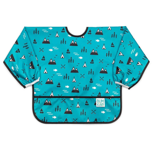 Babete Bumkins com mangas, cor turquesa, estampado com tema de acampamento (montanhas, árvores, tendas). Ideal 6-24 meses.