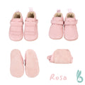 Conjunto de quatro vistas dos sapatinhos de pele rosa "Girafinha Barefoot": frente com aba decorativa, frente simples, sola de camurça e vista lateral, com a cor "Rosa" em destaque.