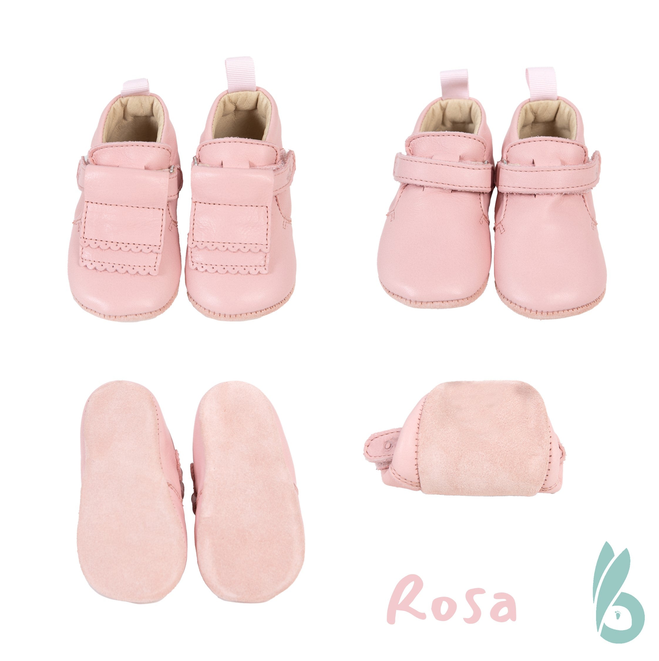 Conjunto de quatro vistas dos sapatinhos de pele rosa "Girafinha Barefoot": frente com aba decorativa, frente simples, sola de camurça e vista lateral, com a cor "Rosa" em destaque.