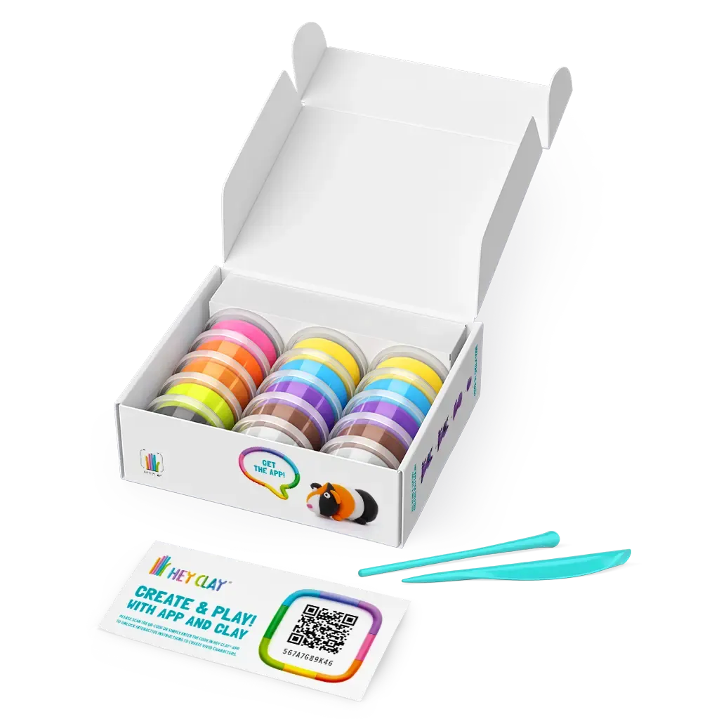 Conteúdo da embalagem HEY CLAY Fluffy Pets com 15 latas de pasta de modelar colorida e ferramentas.