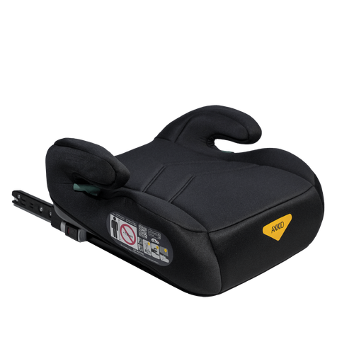Banco elevatório Axkid Mate 2 ISOFIX preto, visto de lado, destacando o design compacto e o mecanismo de fixação lateral.