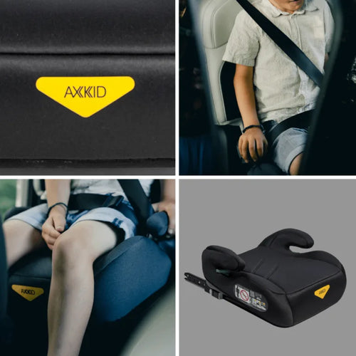 Colagem de quatro imagens: detalhe do logótipo Axkid, criança a usar o cinto de segurança, criança sentada no banco elevatório e vista geral do produto.