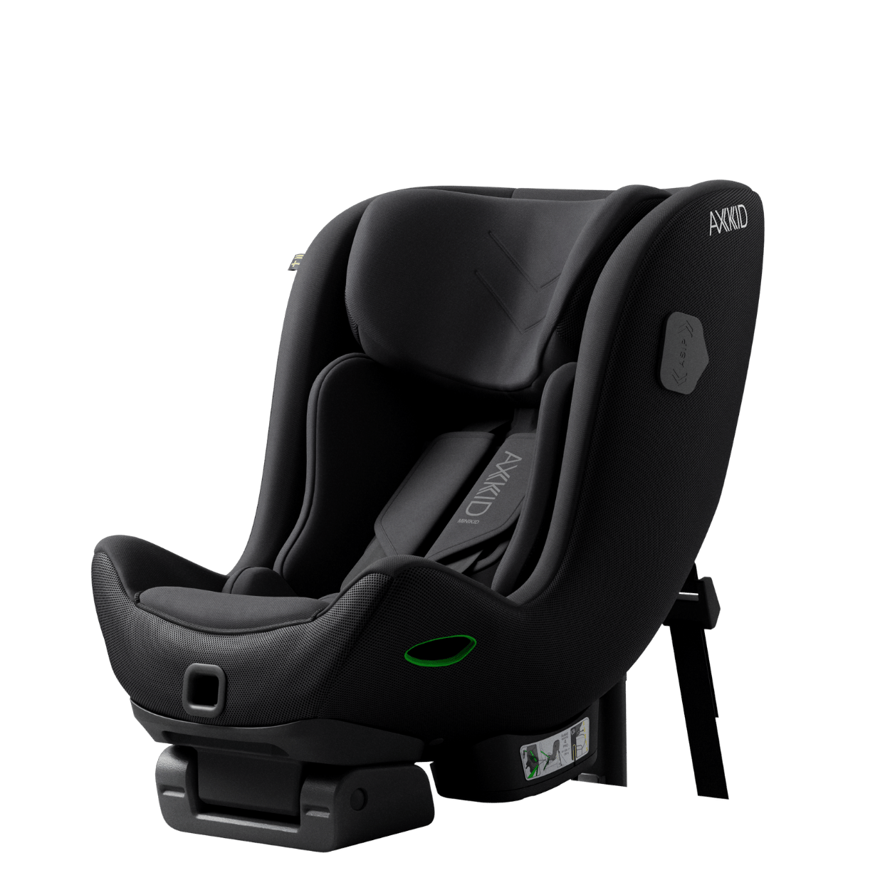 Cadeira auto Axkid Minikid 4 PRO, vista em ângulo, destacando o design robusto, proteção lateral ASIP e ajuste de reclinação.