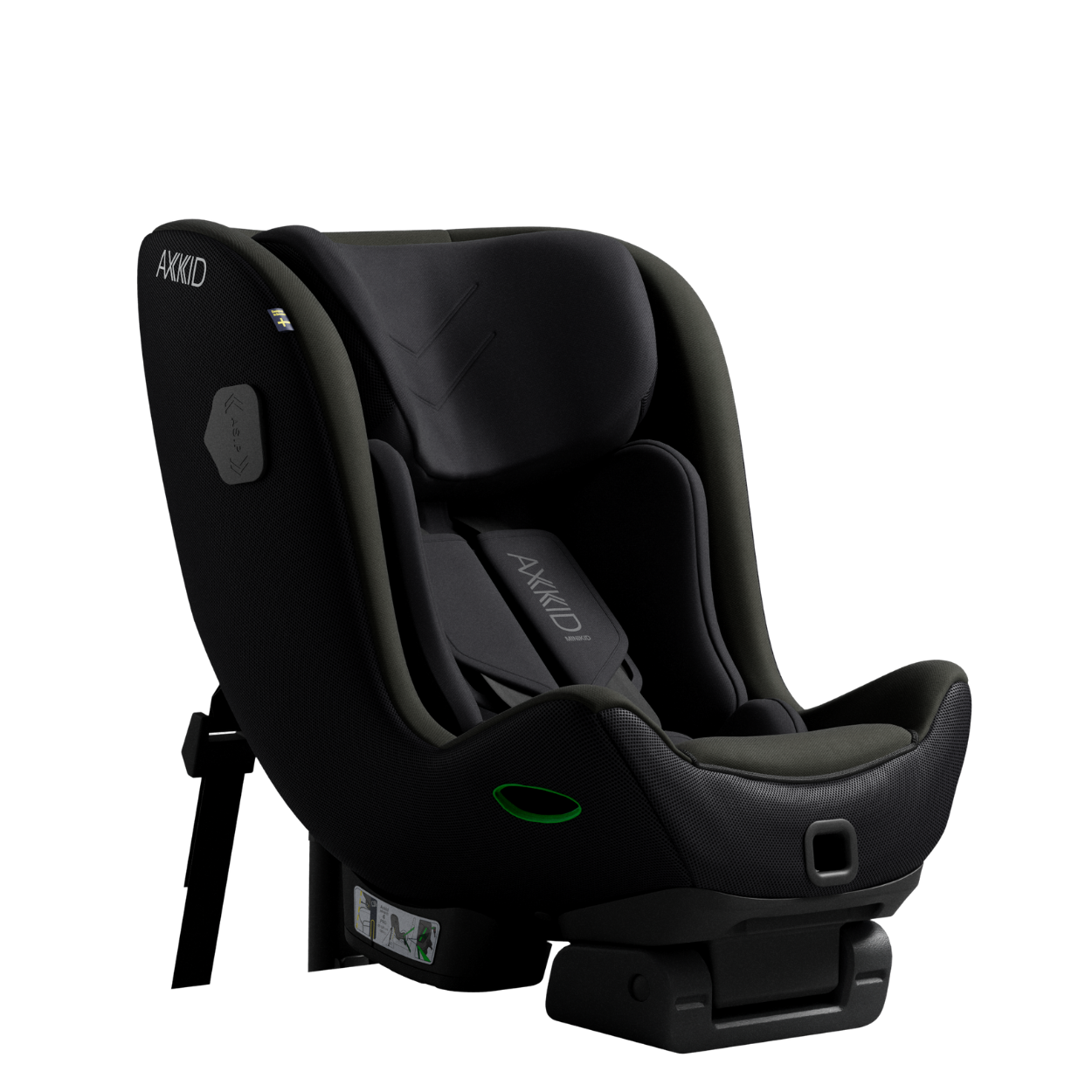 Cadeira auto AXKID Minikid 4 PRO preta em fundo escuro, detalhe da lateral e apoio de cabeça, realçando a proteção lateral ASIP.