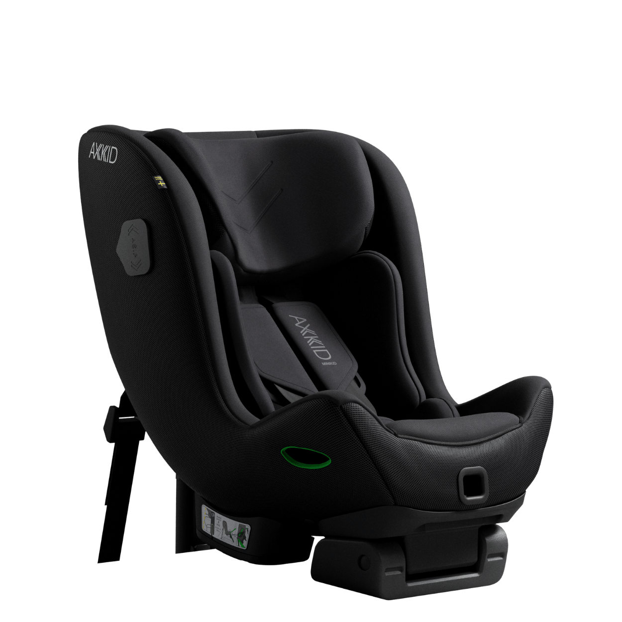 Cadeira auto AXKID Minikid 4 PRO preta, vista em ângulo, evidenciando o design ergonómico e o logótipo AXKID na lateral.