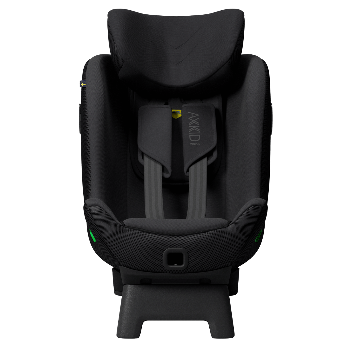Cadeira auto AXKID Minikid 4 PRO preta, vista frontal, mostrando o arnês de 5 pontos e o apoio de cabeça ajustável.