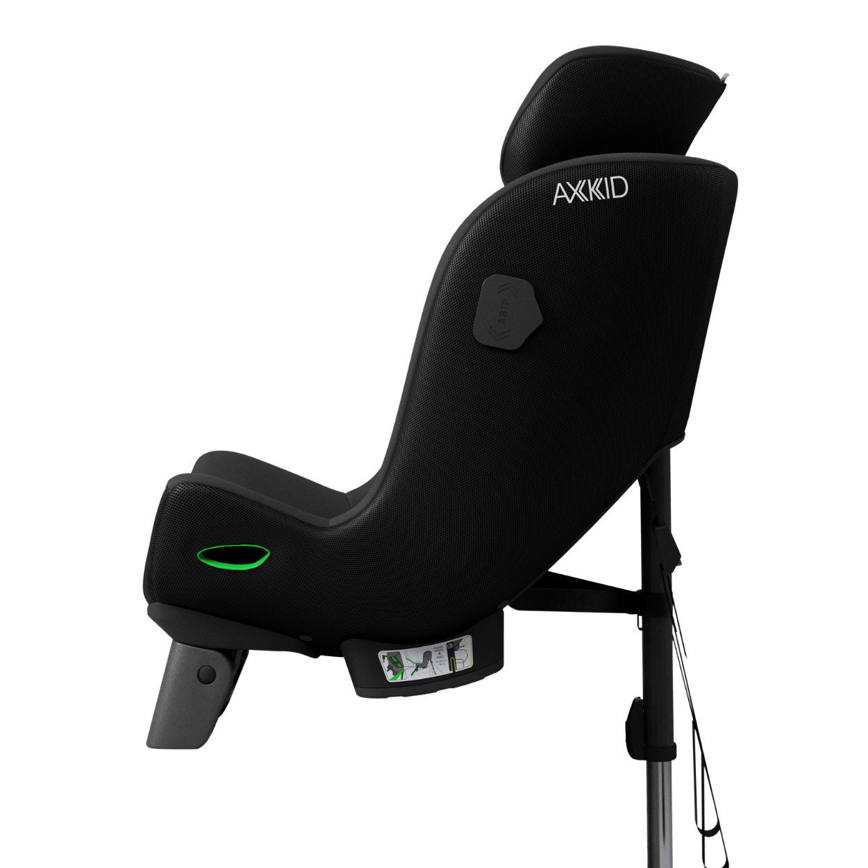 Cadeira auto Axkid Minikid 4 PRO preta, vista lateral, focada no perfil contra a marcha e apoio de cabeça ajustável.