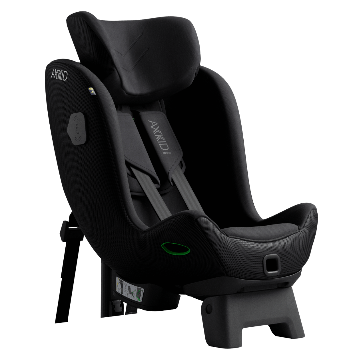 Cadeira auto AXKID Minikid 4 PRO preta, vista lateral, mostrando a estrutura inclinada para uso contra a marcha e a perna de suporte.