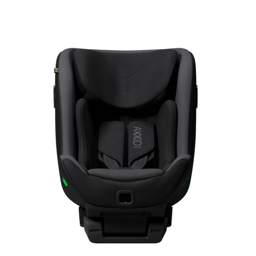 Vista superior da cadeira auto Axkid Minikid 4 PRO preta, mostrando o assento profundo, arnês de 5 pontos e apoios laterais interiores.