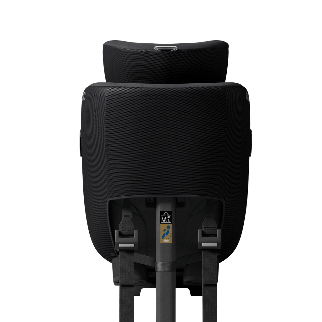Vista traseira da cadeira auto Axkid Minikid 4 PRO, mostrando as cintas de fixação inferiores (tethers) e a perna de apoio para instalação contra a marcha.