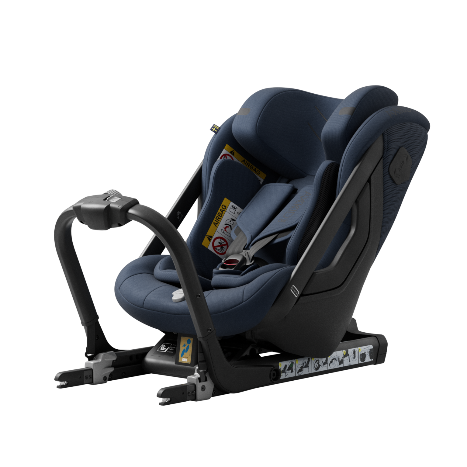 Cadeira auto Axkid ONE 3 azul-marinho, instalada contra a marcha, com base ISOFIX e arnês de 5 pontos, isolada em fundo preto.