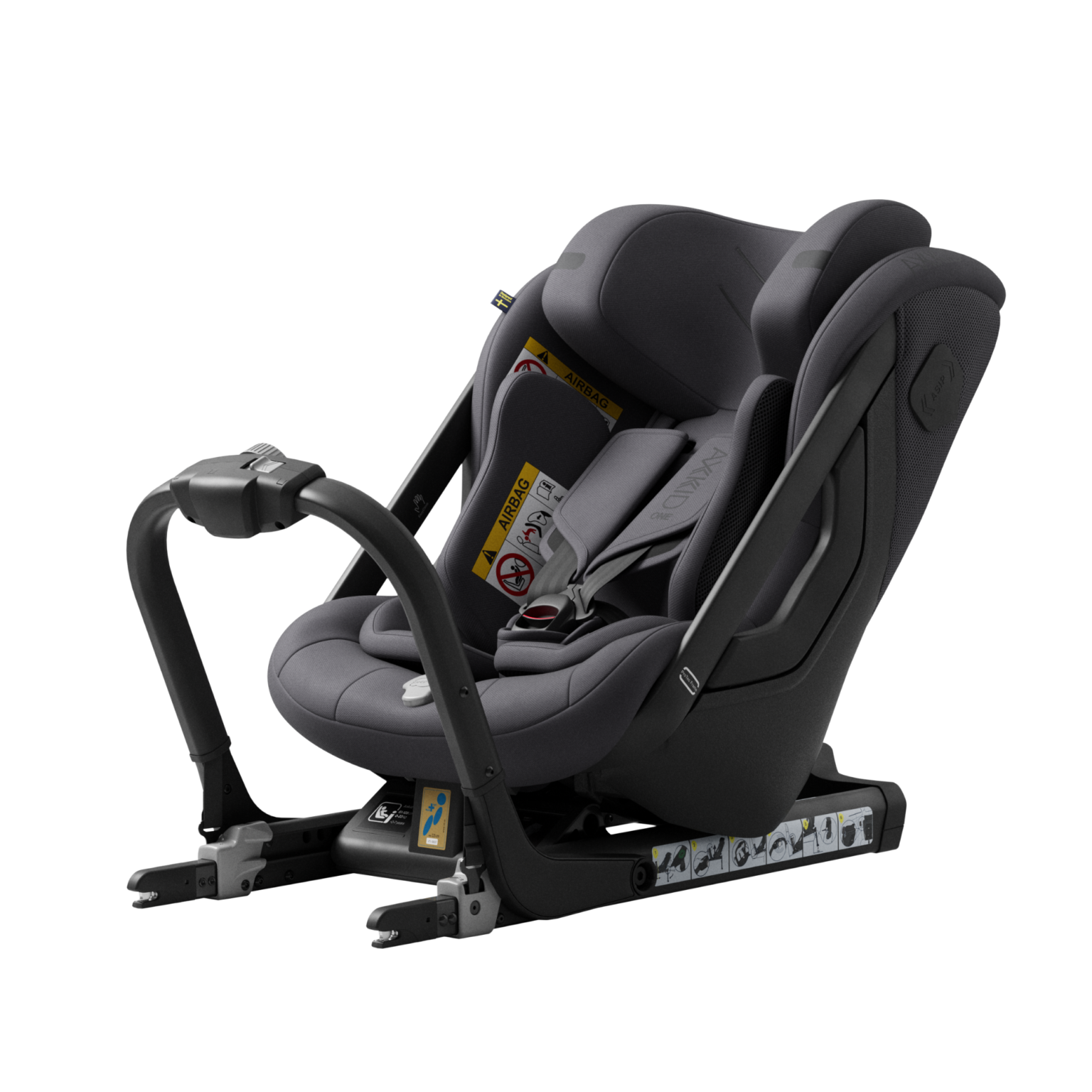 Cadeira auto Axkid ONE 3 cinzenta escura, instalada contra a marcha, com base ISOFIX visível e arnês de 5 pontos, isolada em fundo preto.