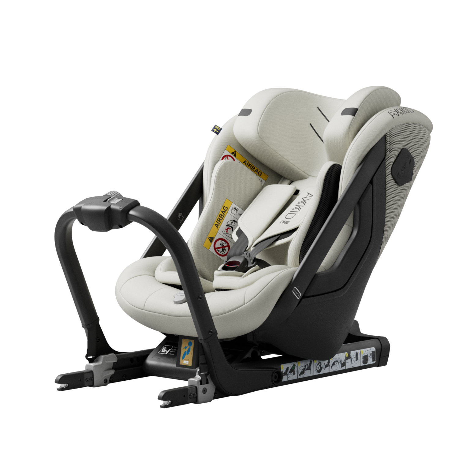 Cadeira auto Axkid ONE 3 cor creme/bege, instalada contra a marcha, com base ISOFIX e arnês, isolada em fundo preto.