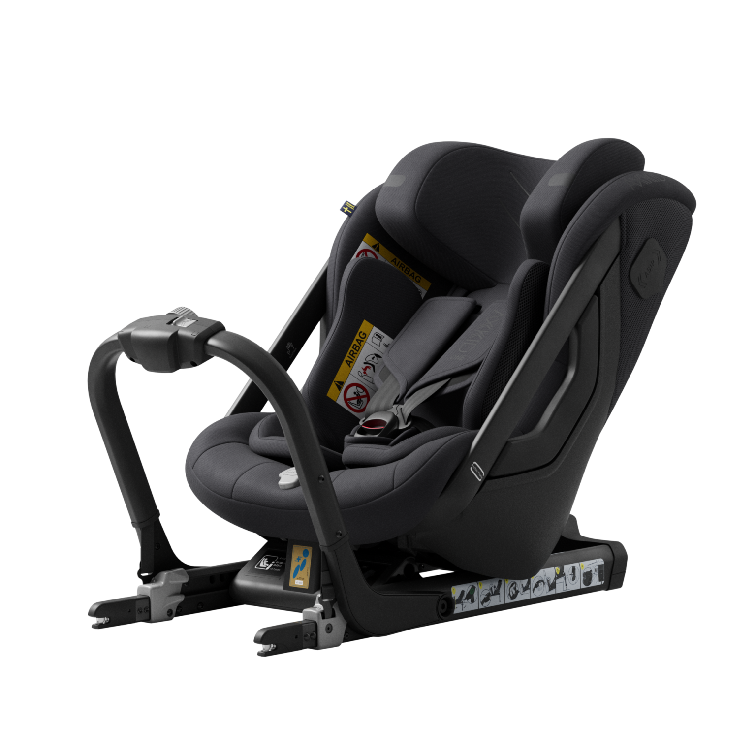 Imagem de estúdio da Cadeira Auto Axkid ONE 3 cinzenta escura sobre fundo preto, mostrando a estrutura ISOFIX e o arnês de segurança.