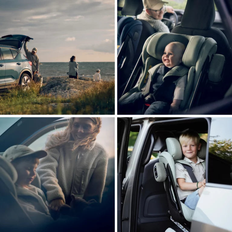 Colagem de quatro cenas de estilo de vida: família junto ao mar, bebé e criança em cadeiras Axkid, e criança mais velha sorridente no carro.