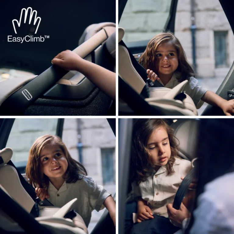 Colagem de quatro imagens demonstrando a funcionalidade EasyClimb™ e a facilidade de colocar e ajustar a criança na cadeira Axkid ONE 3.