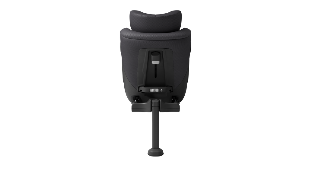 Detalhe da parte traseira da Axkid ONE 3 MESH em fundo escuro, focando no mecanismo de ajuste da perna de apoio ISOFIX e no tecido MESH.