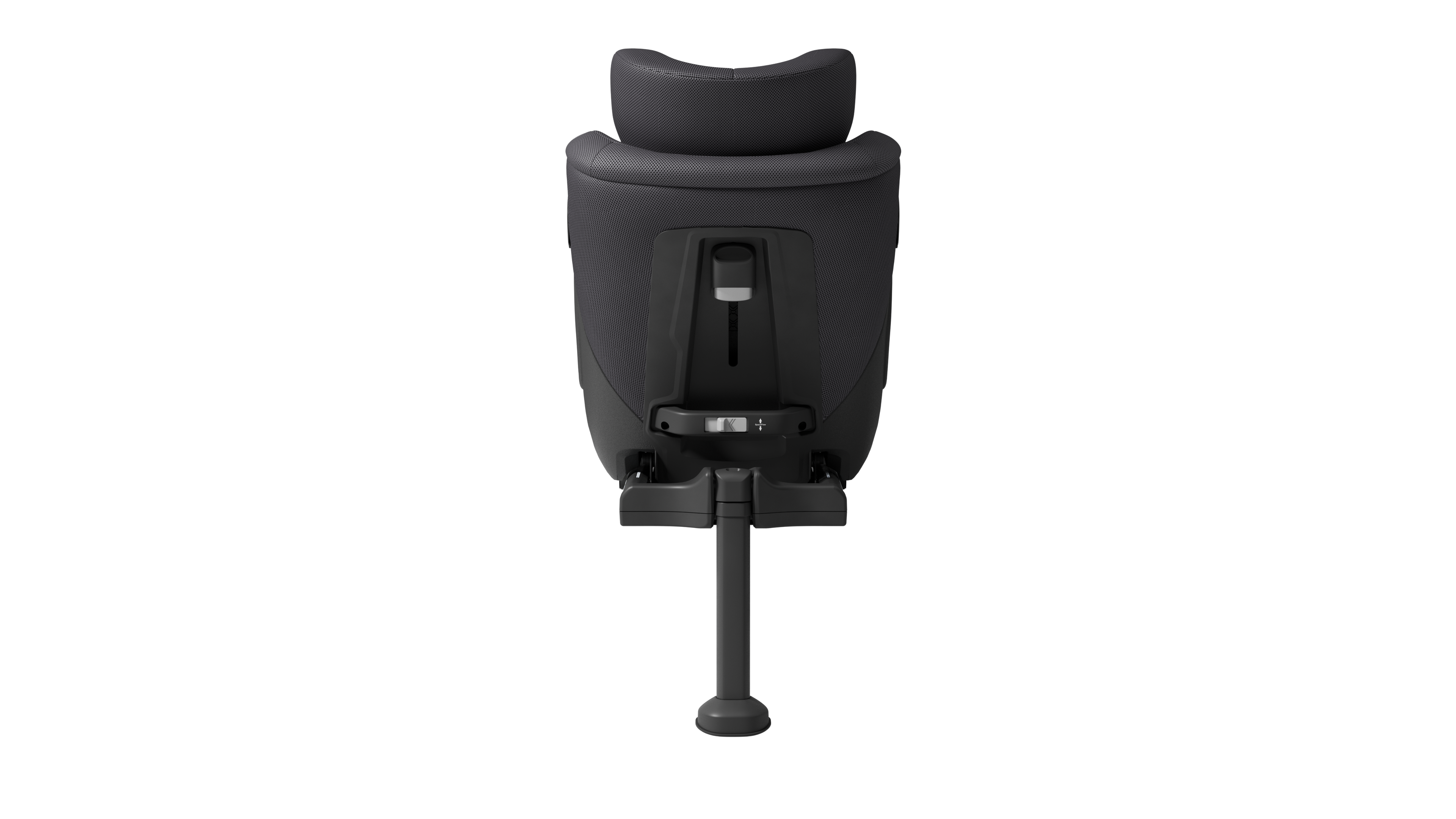 Detalhe da parte traseira da Axkid ONE 3 MESH em fundo escuro, focando no mecanismo de ajuste da perna de apoio ISOFIX e no tecido MESH.
