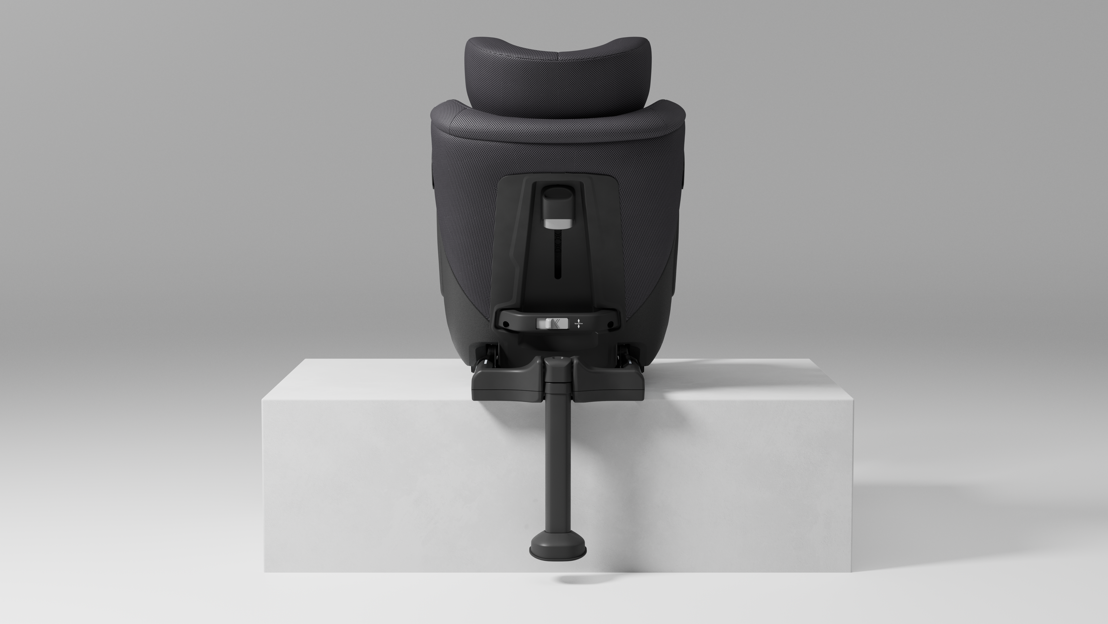 Vista traseira da Cadeira Auto Axkid ONE 3 MESH, mostrando o apoio de cabeça e a perna de apoio ISOFIX ajustável.