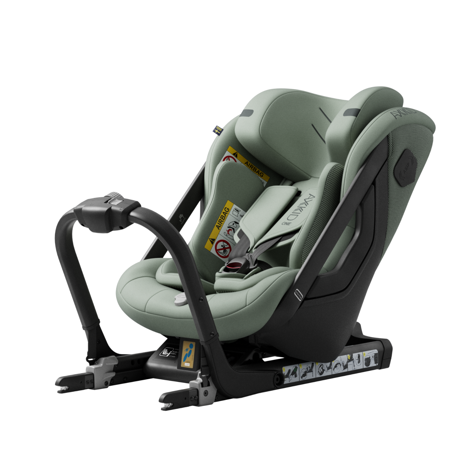 Cadeira auto Axkid ONE 3 verde-sálvia, instalada contra a marcha, com base ISOFIX e arnês, isolada em fundo preto.