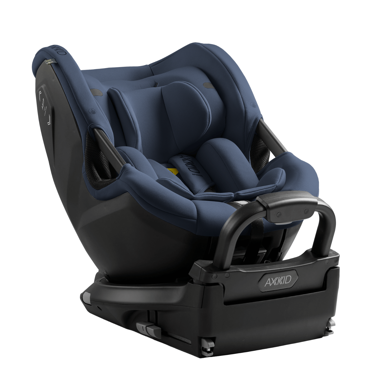 Cadeira auto Axkid Spinkid 2 na cor azul-marinho, com base Isofix preta e detalhes de segurança visíveis.