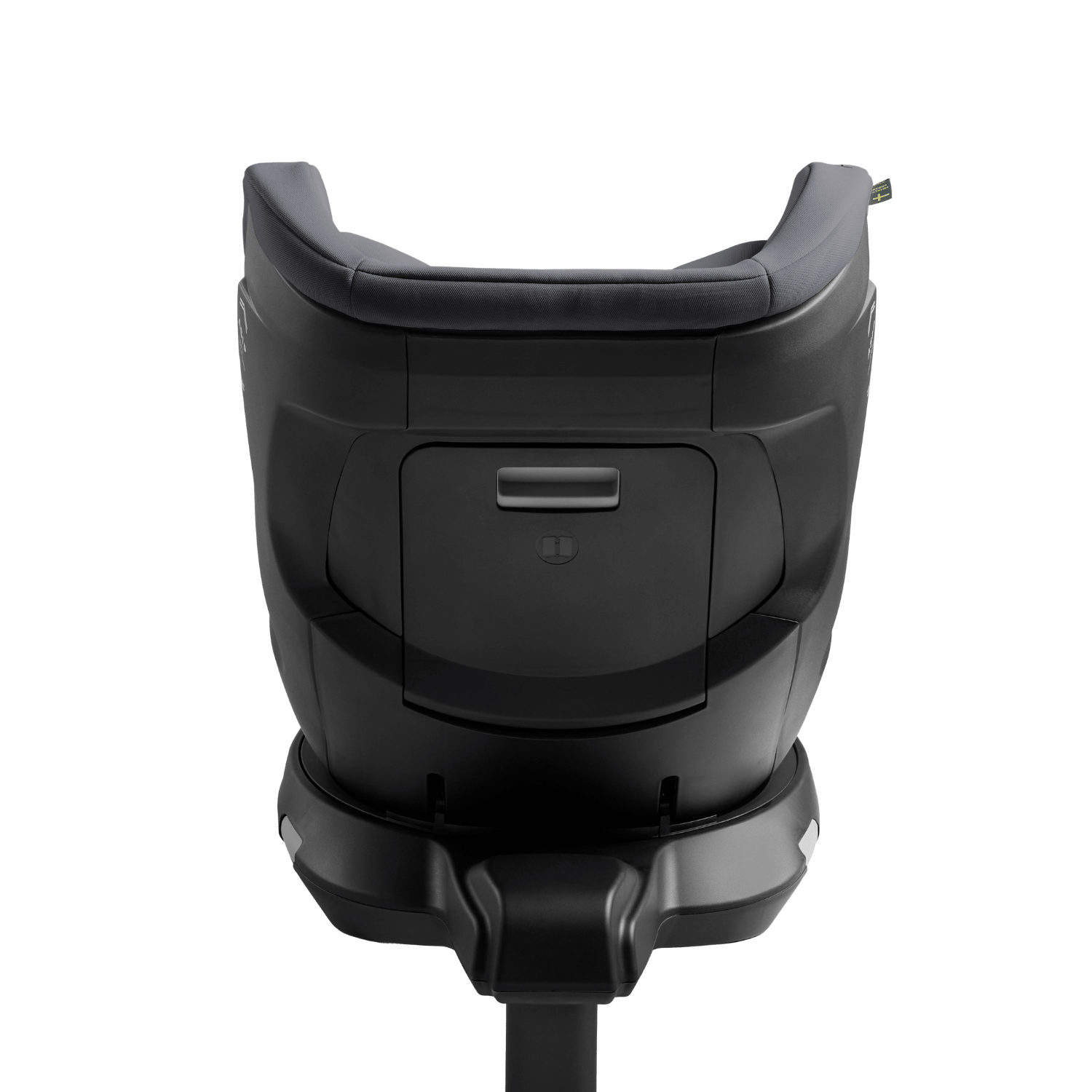 Vista traseira da base da cadeira auto AXKID Spinkid 2, mostrando o mecanismo de rotação e a tampa de acesso na cor preta.