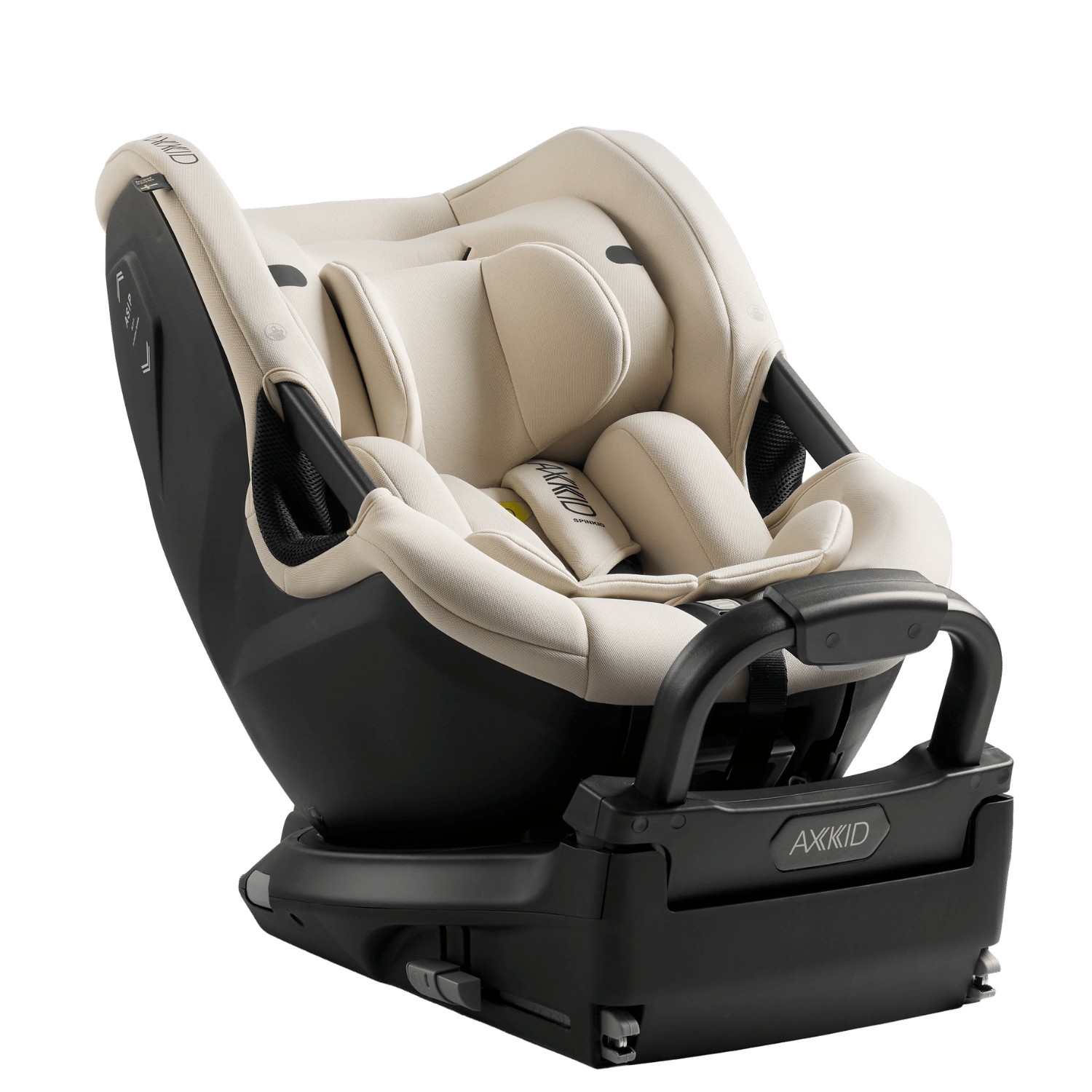 Cadeira auto Axkid Spinkid 2 na cor bege claro, vista de lado, com base Isofix e arnês de segurança visível.
