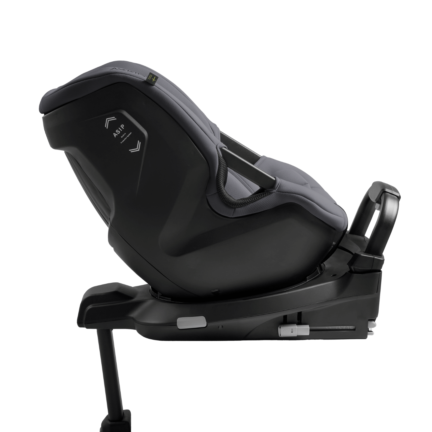 Cadeira auto AXKID Spinkid 2 em posição lateral, destacando o sistema de rotação de 180º e a etiqueta ASIP (Axkid Side Impact Protection).