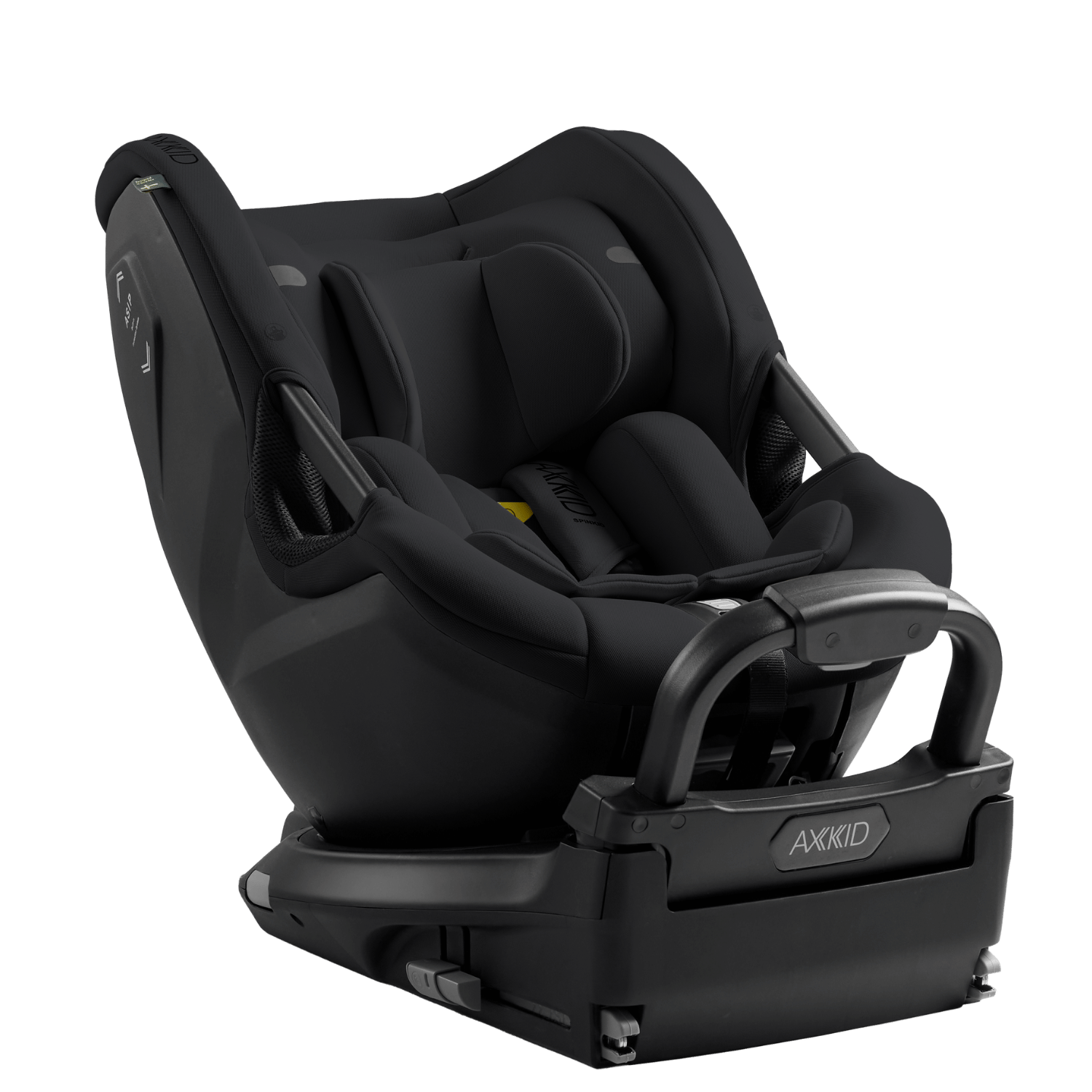 Cadeira auto AXKID Spinkid 2 preta, vista em ângulo, mostrando o design ergonómico e a base Isofix com a barra anti-retrocesso ajustável.