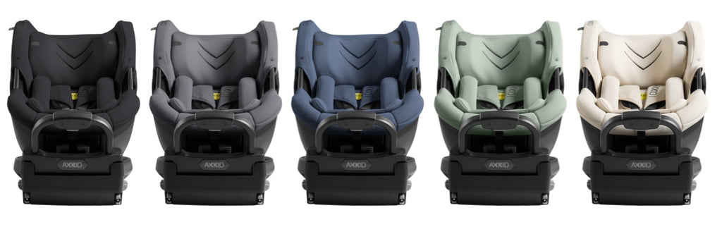 Comparação de todas as cores da cadeira auto Axkid Spinkid 2: preto, cinzento, azul, verde e bege.