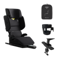 Cadeira auto Axkid Up™ preta com acessórios incluídos: porta-copos, saco de transporte e perna de apoio ISOFIX.