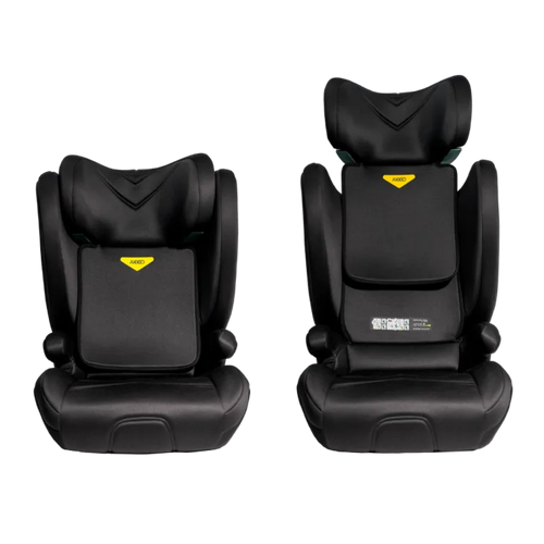 Comparação da Cadeira Auto Axkid Boostkid em duas alturas: sem encosto (banco elevatório) e com encosto ajustado para criança mais alta.