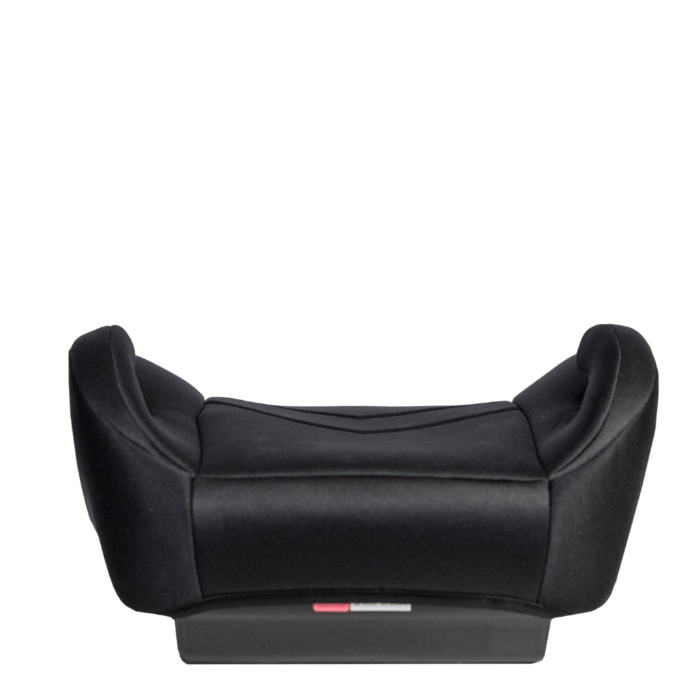 Vista traseira do banco elevatório Axkid Mate 2 preto, focando na base estável e no design compacto para posicionamento do cinto.