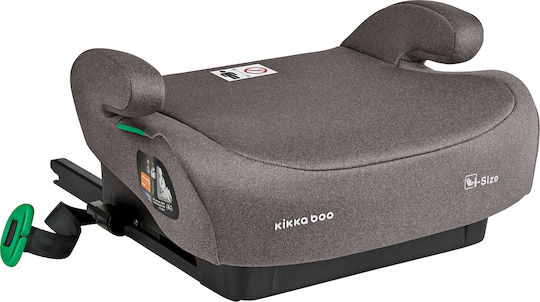 Banco elevatório KikkaBoo i-TIP i-Size cinzento escuro, com acolchoamento e apoios laterais. Mostra o sistema ISOFIX.