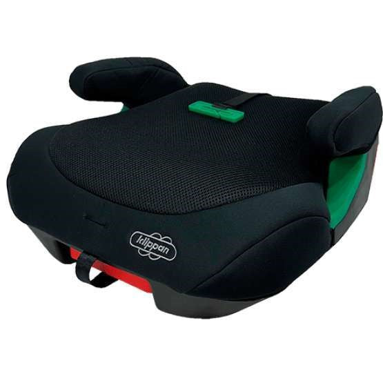 Banco elevatório Klippan Cushion Freestyle ISOFIX preto, com assento em malha respirável e guia de cinto verde em destaque.