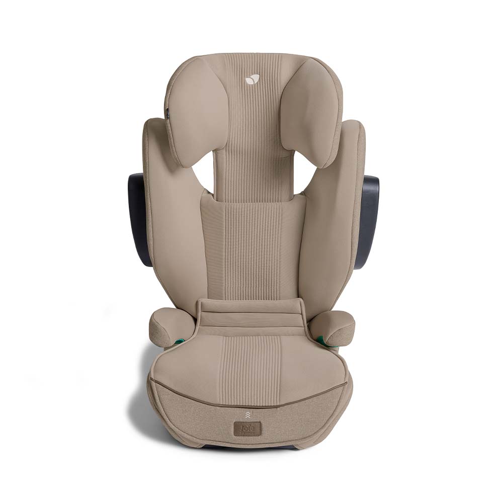 Cadeira auto Joie i-Traver Signature Grupo 2/3 cor bege, vista frontal, com apoio de cabeça ajustável e acolchoado.